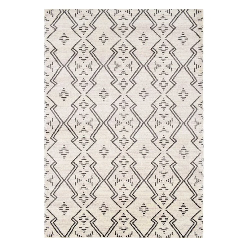 (A463) Raymond Ivory & Dark Grey Moroccan Styled Area Rug, 5x8 1 (A463) Raymond Ivory & Dark Grey Moroccan Styled Area Rug, 5x8