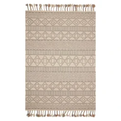 (A469) Arthur Ivory & Grey Area Rug With Tassels, 5x7