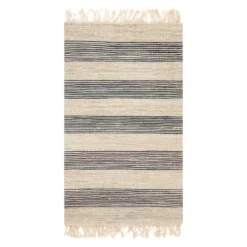 (B497) Honeybloom Hazel Natural & Navy Striped Hand Woven Jute Accent Rug, 3x5