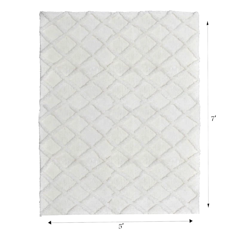 (B813) Ivory Diamond Tufted Area Rug, 5x7 4 (B813) Ivory Diamond Tufted Area Rug, 5x7 - Image 4