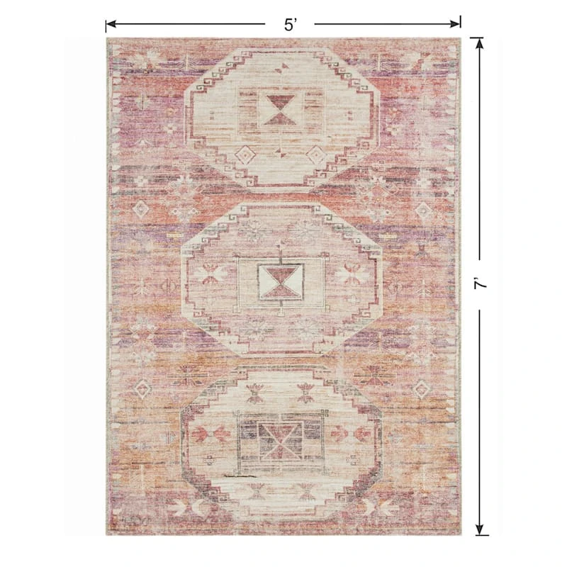 (B826) Red & Pink Tribal Patterned Washable Area Rug, 5x7 6 (B826) Red & Pink Tribal Patterned Washable Area Rug, 5x7 - Image 6