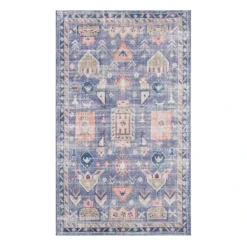 (B828) Blue Floral Medallion Washable Accent Rug, 3x5