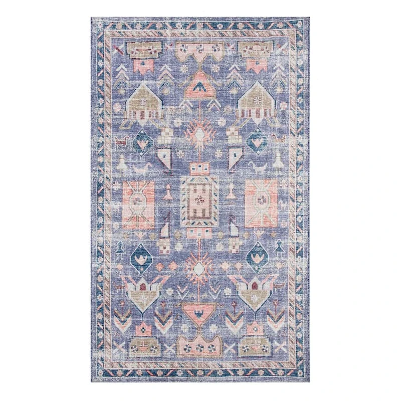 (B828) Blue Floral Medallion Washable Accent Rug, 3x5 1 (B828) Blue Floral Medallion Washable Accent Rug, 3x5