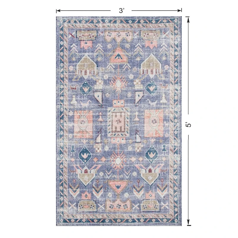 (B828) Blue Floral Medallion Washable Accent Rug, 3x5 5 (B828) Blue Floral Medallion Washable Accent Rug, 3x5 - Image 5