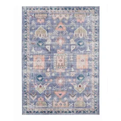 (B828) Blue Floral Medallion Washable Area Rug, 5x7