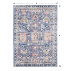 (B828) Blue Floral Medallion Washable Area Rug, 5x7 -Rugs Sales Store b828 blue floral medallion washable area rug 5x7 6