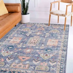 (B828) Blue Floral Medallion Washable Area Rug, 5x7 -Rugs Sales Store b828 blue floral medallion washable area rug 5x7 7