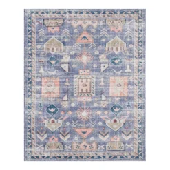 (B828) Blue Floral Medallion Washable Area Rug, 8x10