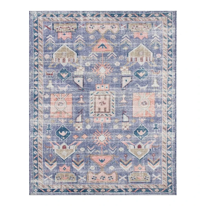 (B828) Blue Floral Medallion Washable Area Rug, 8x10 1 (B828) Blue Floral Medallion Washable Area Rug, 8x10