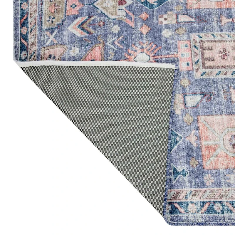 (B828) Blue Floral Medallion Washable Area Rug, 8x10 3 (B828) Blue Floral Medallion Washable Area Rug, 8x10 - Image 3