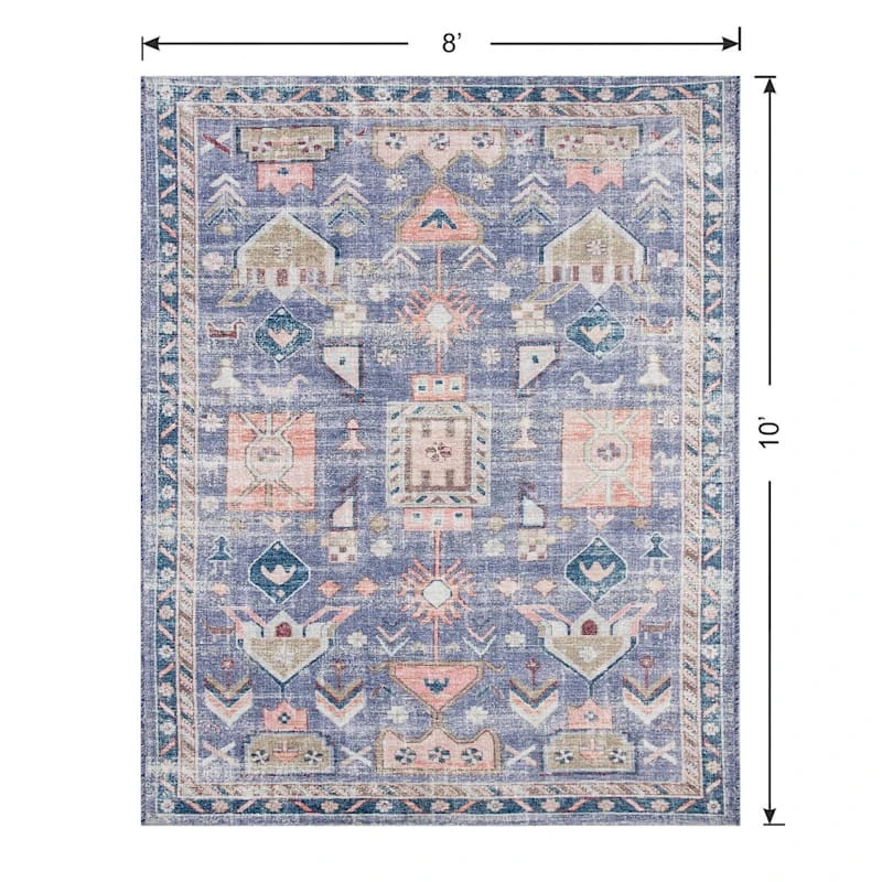 (B828) Blue Floral Medallion Washable Area Rug, 8x10 6 (B828) Blue Floral Medallion Washable Area Rug, 8x10 - Image 6