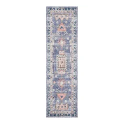 (B828) Blue Floral Medallion Washable Runner, 2x7
