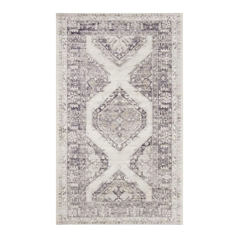 (B829) Grey & White Floral Washable Accent Rug, 3x5 1 (B829) Grey & White Floral Washable Accent Rug, 3x5