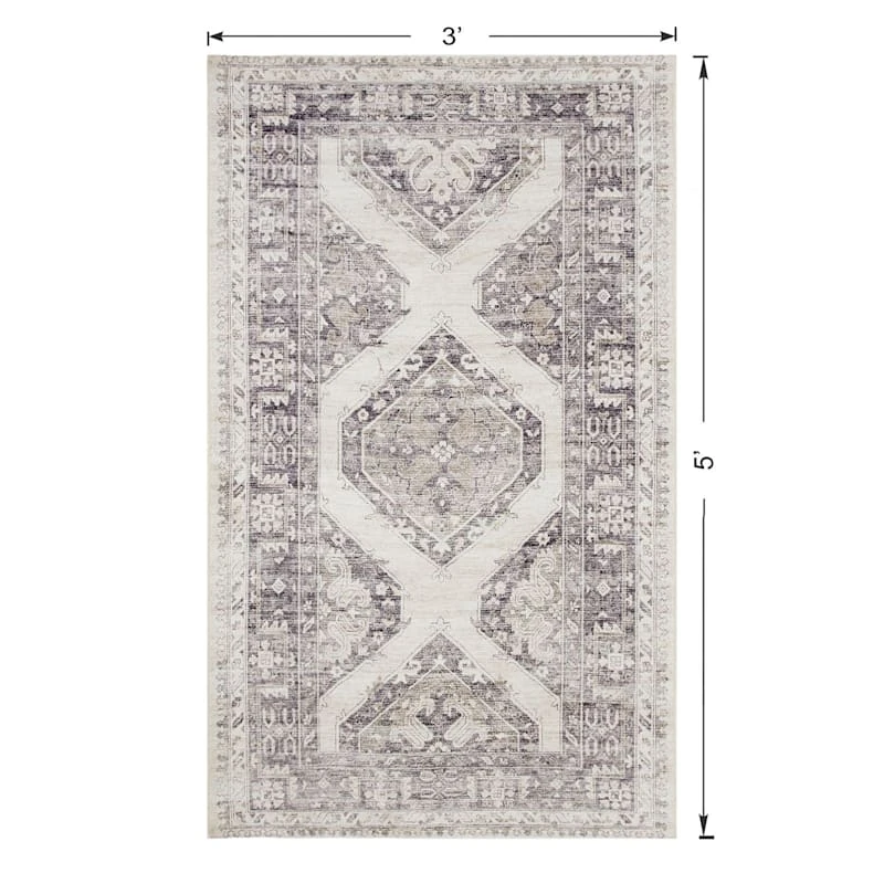(B829) Grey & White Floral Washable Accent Rug, 3x5 5 (B829) Grey & White Floral Washable Accent Rug, 3x5 - Image 5