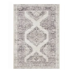 (B829) Grey & White Floral Washable Area Rug, 5x7