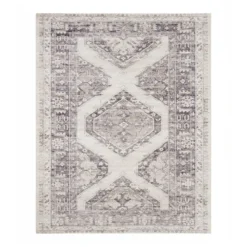 (B829) Grey & White Floral Washable Area Rug, 8x10