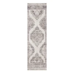(B829) Grey & White Floral Washable Runner, 2x7