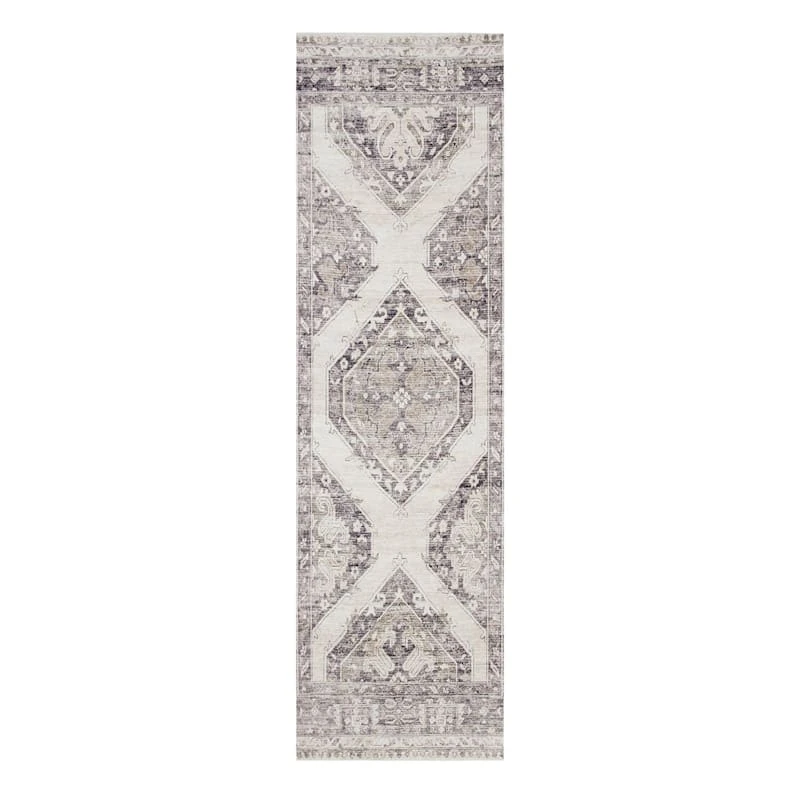 (B829) Grey & White Floral Washable Runner, 2x7 1 (B829) Grey & White Floral Washable Runner, 2x7