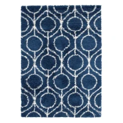 (C156) Blue & Ivory Geometric Soft Shag Area Rug, 8x10