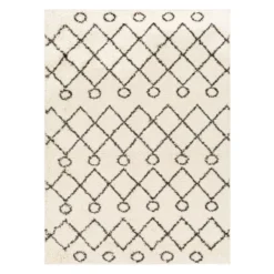 (C173) Beni Cream Diamond Design Shag Area Rug, 5x7