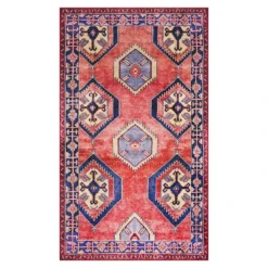 (D565) Freya Red & Blue Medallion Washable Accent Rug, 3x5