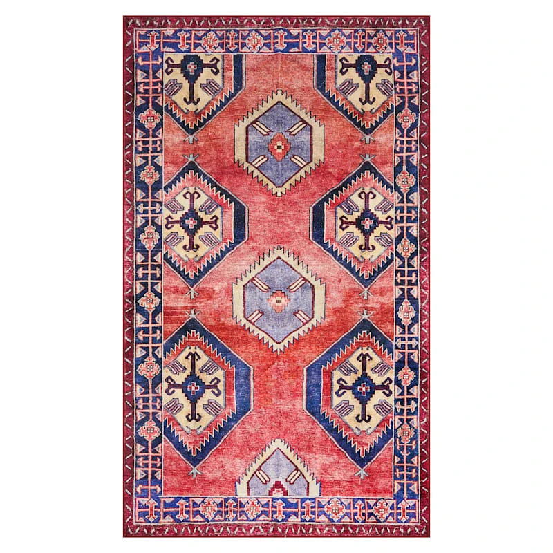(D565) Freya Red & Blue Medallion Washable Accent Rug, 3x5 1 (D565) Freya Red & Blue Medallion Washable Accent Rug, 3x5