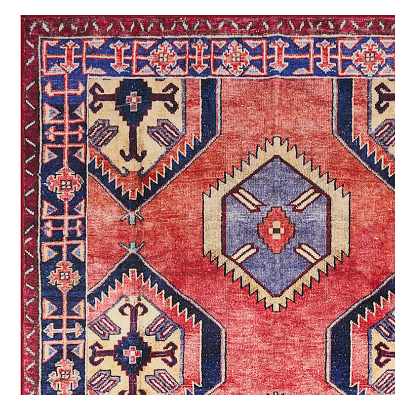 (D565) Freya Red & Blue Medallion Washable Accent Rug, 3x5 2 (D565) Freya Red & Blue Medallion Washable Accent Rug, 3x5 - Image 2