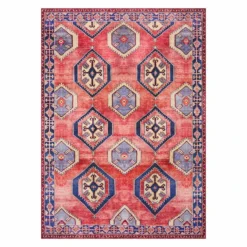(D565) Freya Red & Blue Medallion Washable Area Rug, 5x7
