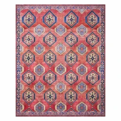 (D565) Freya Red & Blue Medallion Washable Area Rug, 8x10