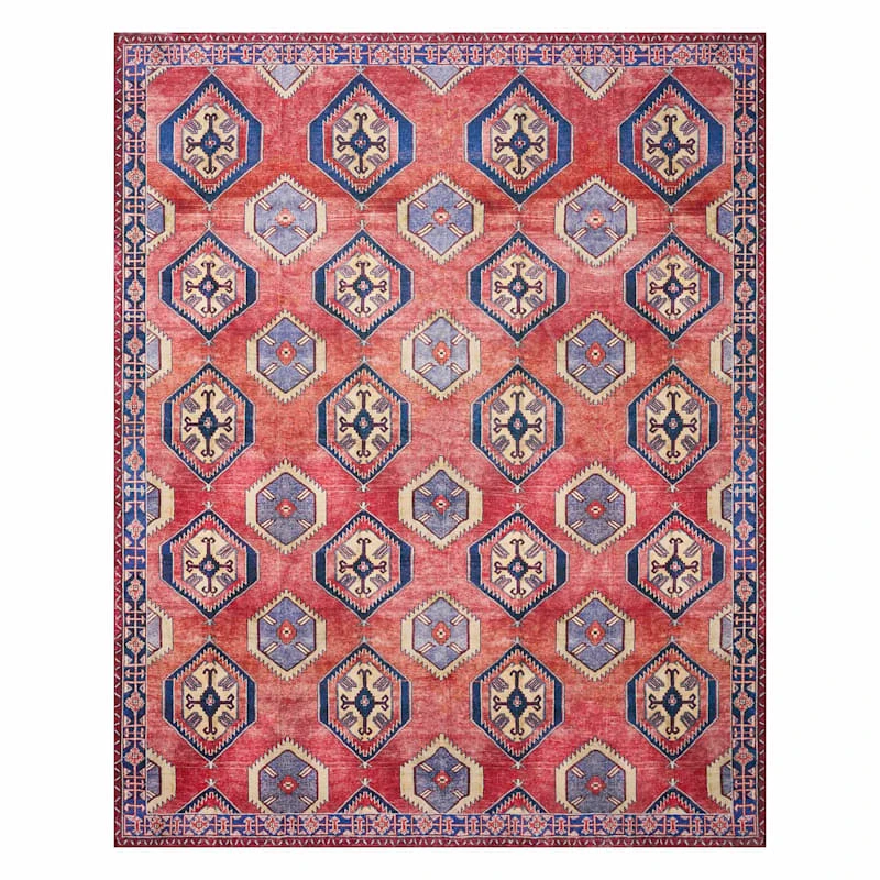 (D565) Freya Red & Blue Medallion Washable Area Rug, 8x10 1 (D565) Freya Red & Blue Medallion Washable Area Rug, 8x10