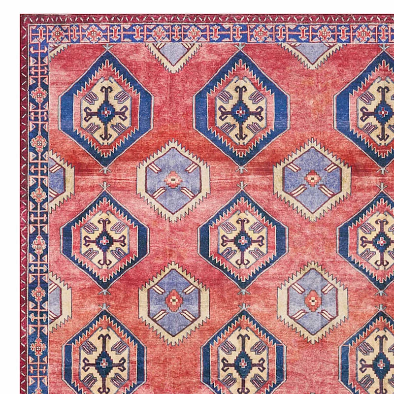 (D565) Freya Red & Blue Medallion Washable Area Rug, 8x10 2 (D565) Freya Red & Blue Medallion Washable Area Rug, 8x10 - Image 2