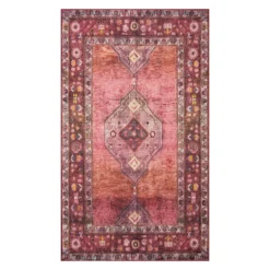 (D566) Freya Red Medallion Washable Accent Rug, 3x5