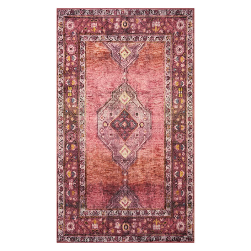 (D566) Freya Red Medallion Washable Accent Rug, 3x5 1 (D566) Freya Red Medallion Washable Accent Rug, 3x5