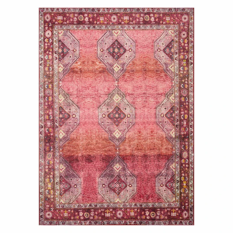 (D566) Freya Red Medallion Washable Area Rug, 5x7 1 (D566) Freya Red Medallion Washable Area Rug, 5x7
