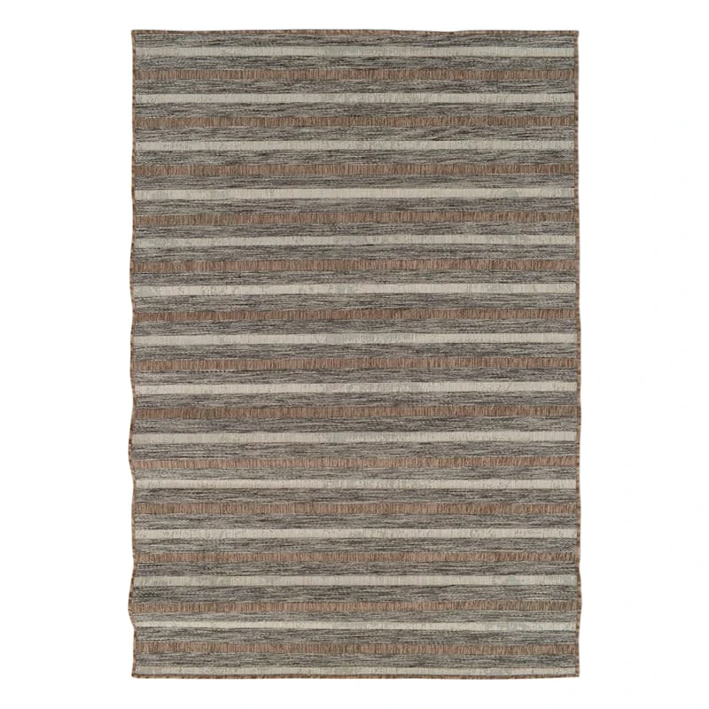 (E221) Ivory, Brown & Grey Striped Modern Indoor & Outdoor Area Rug, 5x7 1 (E221) Ivory, Brown & Grey Striped Modern Indoor & Outdoor Area Rug, 5x7