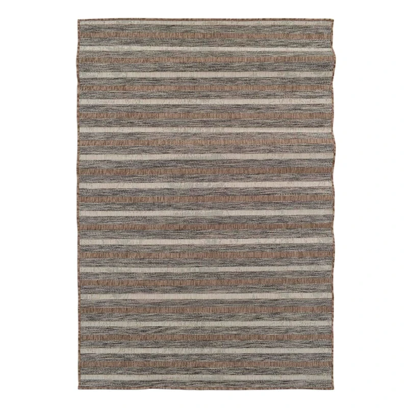 (E221) Ivory, Brown & Grey Striped Modern Indoor & Outdoor Area Rug, 7x10 1 (E221) Ivory, Brown & Grey Striped Modern Indoor & Outdoor Area Rug, 7x10
