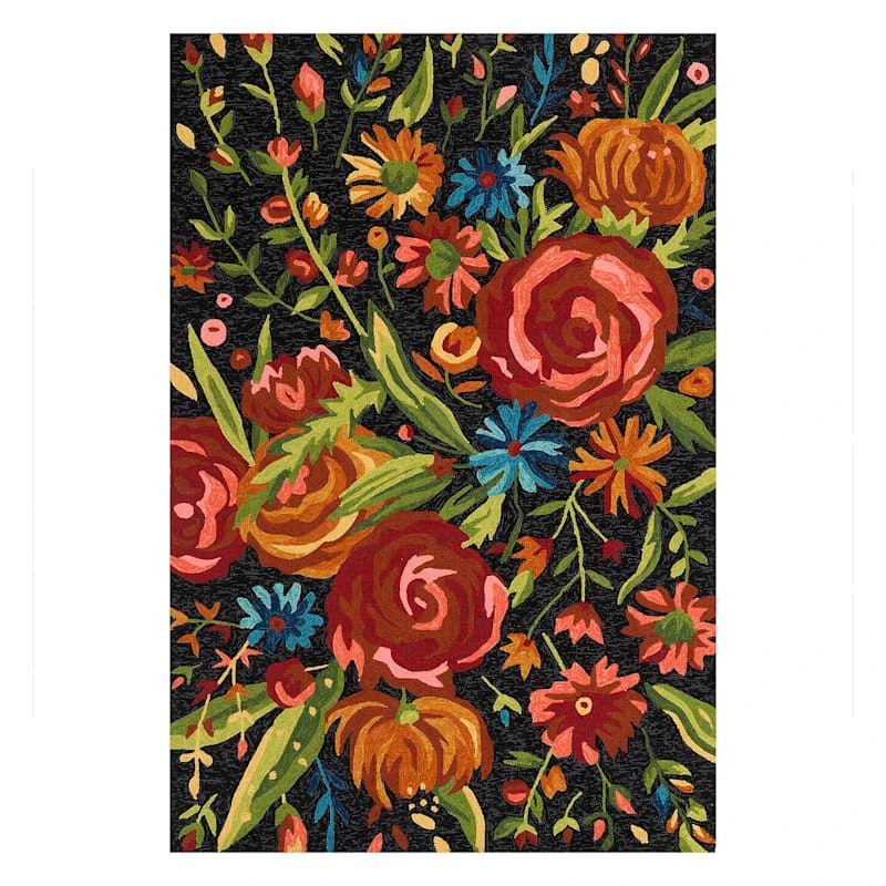 (E255) Santa Monica Black Floral Indoor & Outdoor Area Rug, 5x7 1 (E255) Santa Monica Black Floral Indoor & Outdoor Area Rug, 5x7