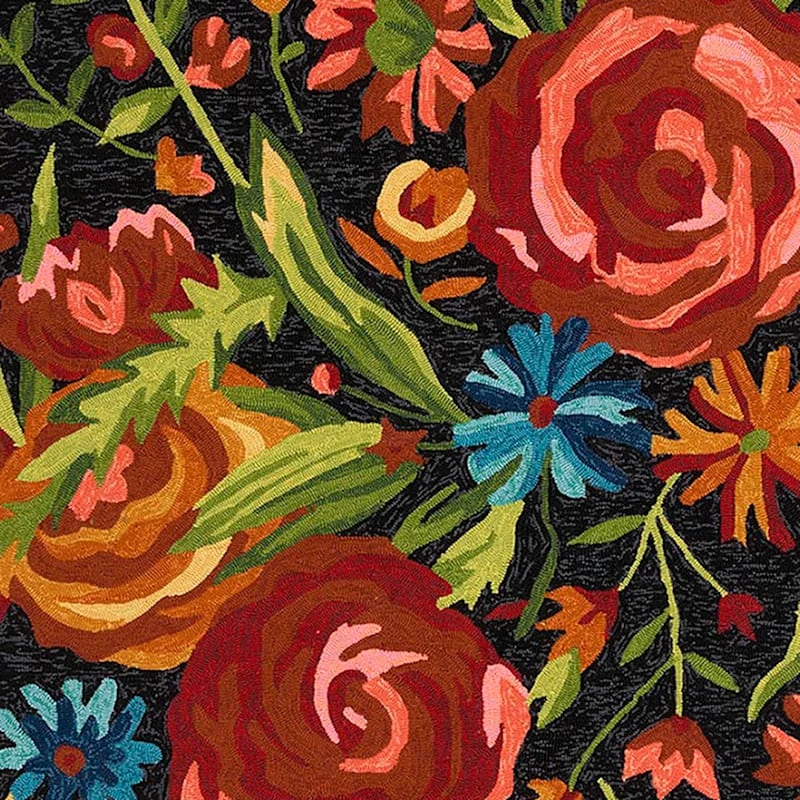 (E255) Santa Monica Black Floral Indoor & Outdoor Area Rug, 5x7 2 (E255) Santa Monica Black Floral Indoor & Outdoor Area Rug, 5x7 - Image 2