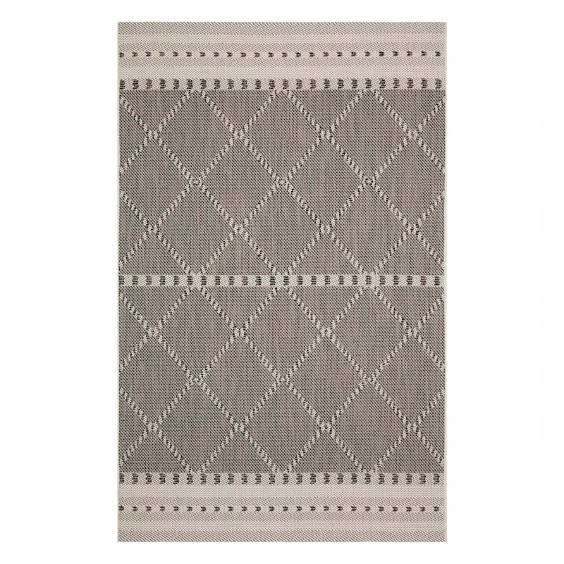 (E301) Oasis Ecru & Black Diamond Design Indoor & Outdoor Area Rug, 5x7 1 (E301) Oasis Ecru & Black Diamond Design Indoor & Outdoor Area Rug, 5x7