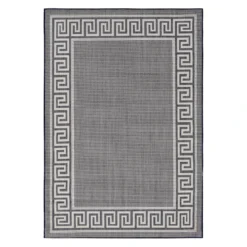 (E303) Dark Blue & Cream Greek Key Indoor & Outdoor Area Rug, 5x7