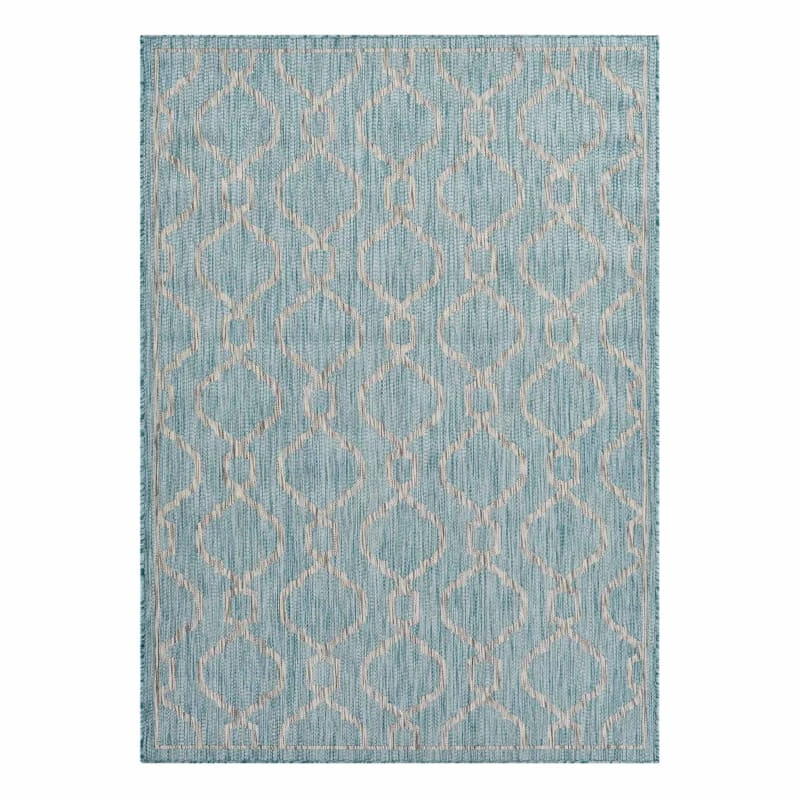 (E306) Aqua Geo Wave Indoor & Outdoor Area Rug, 8x10 1 (E306) Aqua Geo Wave Indoor & Outdoor Area Rug, 8x10