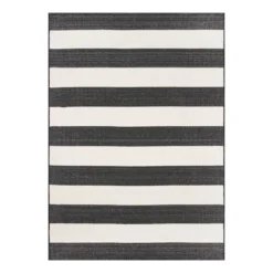 (E323) Asbury Black & White Striped Indoor & Outdoor Area Rug, 5x7