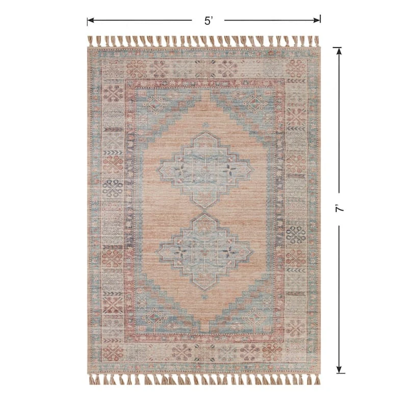 (E336) Honeybloom Anna Vintage Medallion Fringe Outdoor Area Rug, 5x7 5 (E336) Honeybloom Anna Vintage Medallion Fringe Outdoor Area Rug, 5x7 - Image 5