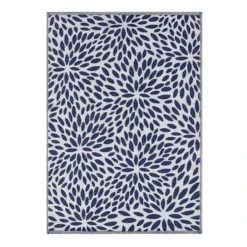 Navy Blue Floral Plastic Outdoor Area Rug, 5x7