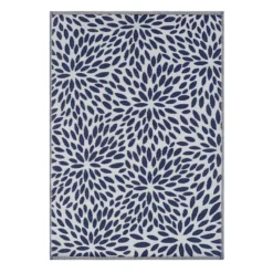 Navy Blue Floral Plastic Outdoor Area Rug, 6x9