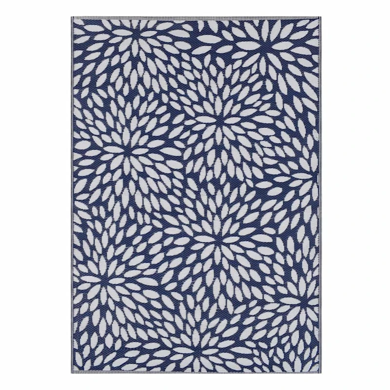 Navy Blue Floral Plastic Outdoor Area Rug, 6x9 2 Navy Blue Floral Plastic Outdoor Area Rug, 6x9 - Image 2